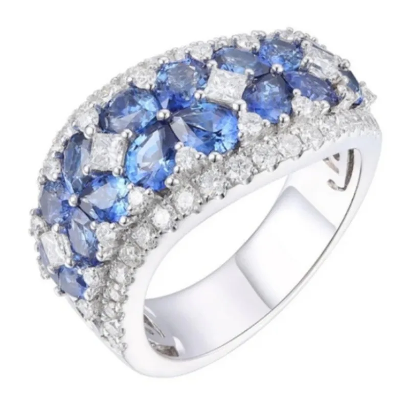 Luxuriöser Damenring mit eingelegten weißen und meerblauen CZ-Steinen in Blumenform, trendige silberfarbene Geometrie, für den täglichen Gebrauch, Party-Schmuck, Jubiläumsgeschenk