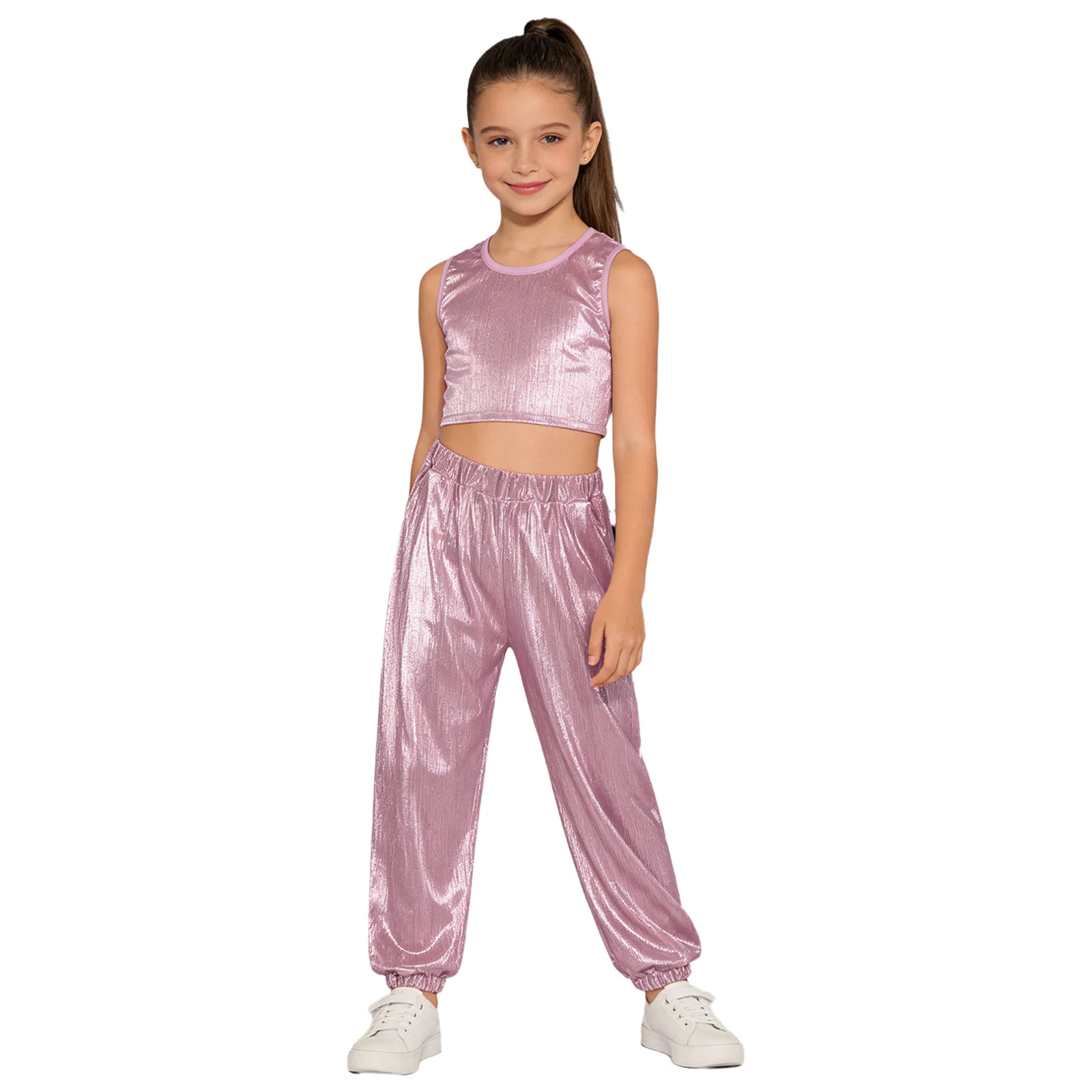 Kinder Mädchen Hip-Hop-Cheerleading-Auftritts-Kostüm Jazz-Tanz-Outfit Metallisch Geripptes Tanz-Outfit Ärmellose Weste mit Hose – Detail 30
