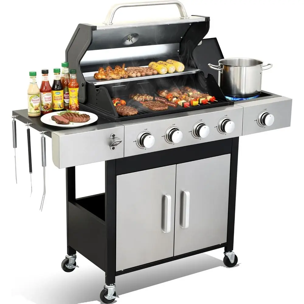 

49,000 BTU Propane Grill with Side Burner - Double-Layer Stainless Steel Lid, Cast Iron Grates, Easy Clean System for Perfect BB