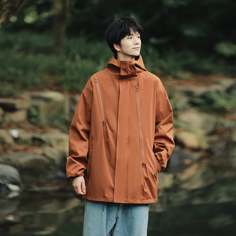 

Мужская ветрозащитная водонепроницаемая куртка с капюшоном для активного отдыха, весна-осень, модная, в рабочем стиле, с декоративной молнией, свободного кроя