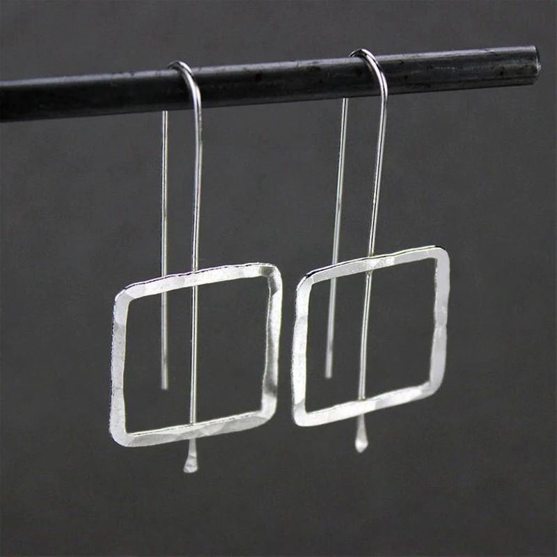 1Pair Retro Ethnic Style Square Drop Earrings Trend Simple Design Silver Color Long Hook Earrings for Women Party Jewelry Gifts