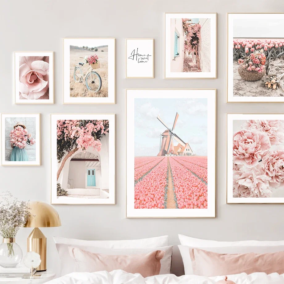 

Pink Rose Peony Tulip Bicycle Wall Art Canvas Painting Nordic Posters And Prints Landscape Wall Pictures For Living Room Decor