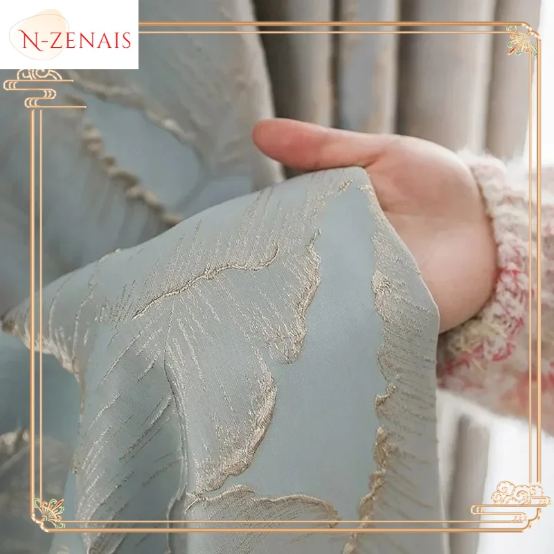 

French Pastoral Embossed High-precision Gold Jacquard Curtains for Living Room Bedroom Dining Leaves Blue Blackout Window Decor