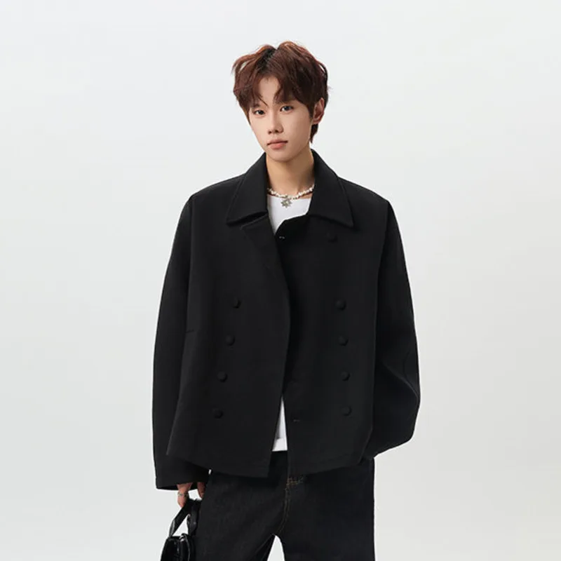 HKSH Men Woolen Coat Short Style Autumn Winter New Tide Chic Ins Punk Turn-Down Collar Trench Coat Korean Version Jacket HK28404