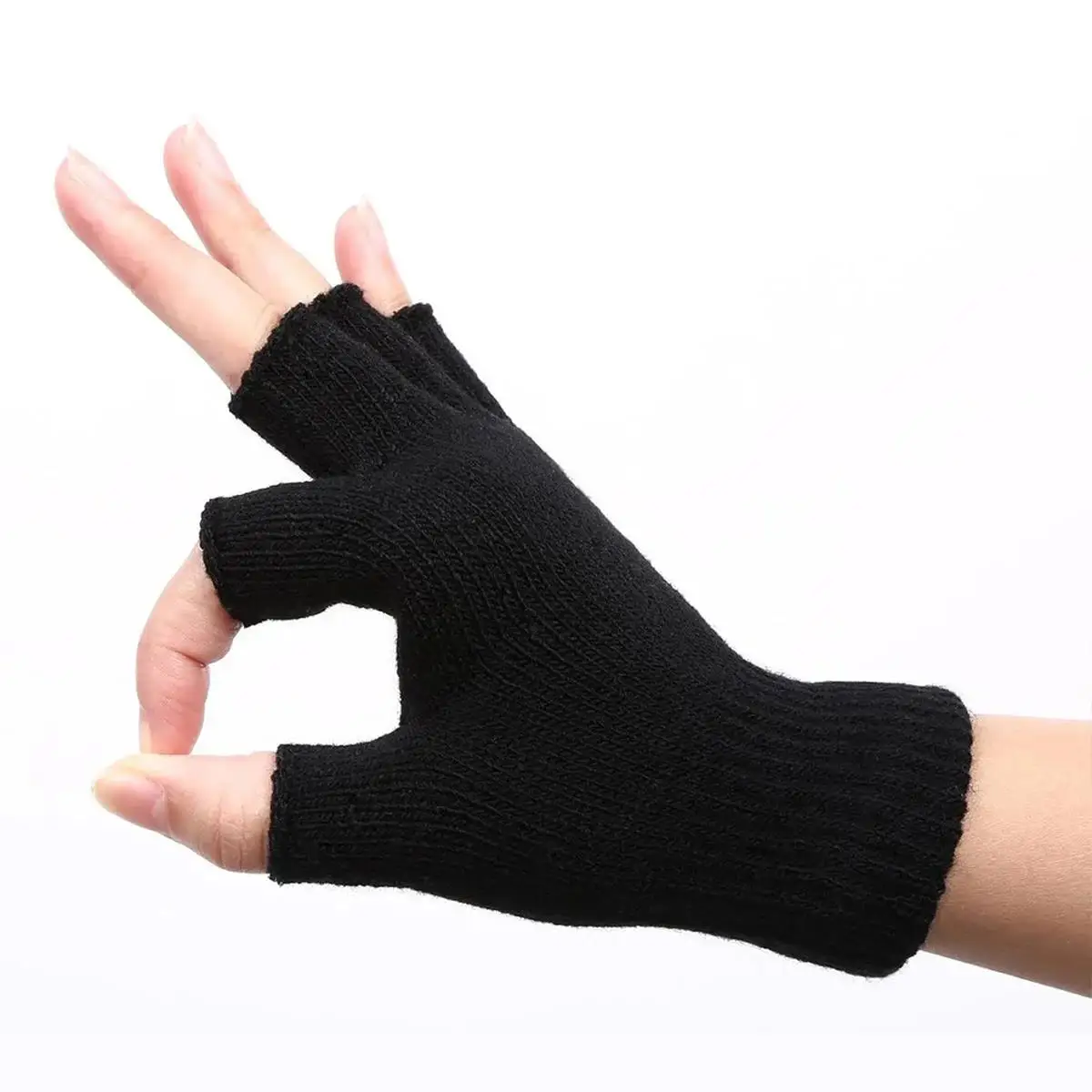 1Pair Unisex Black Half Finger Fingerless Gloves for Women and Men Wool Knit Wrist Cotton Winter Warm Work Mittens