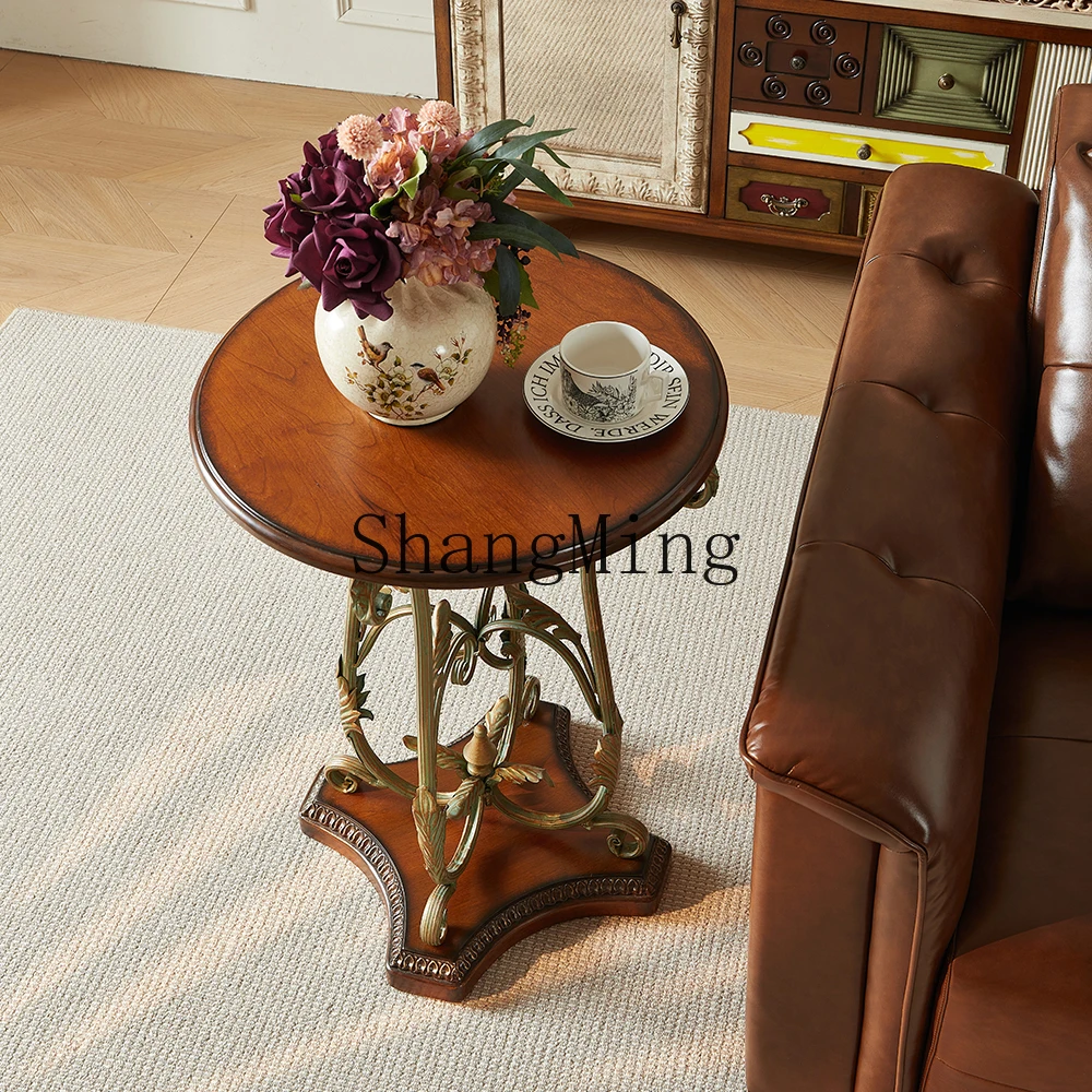 طاولة قهوة صغيرة من الخشب CL، طاولة بحافة مستديرة معدنية، شرفة قهوة، طاولة مستديرة صغيرة