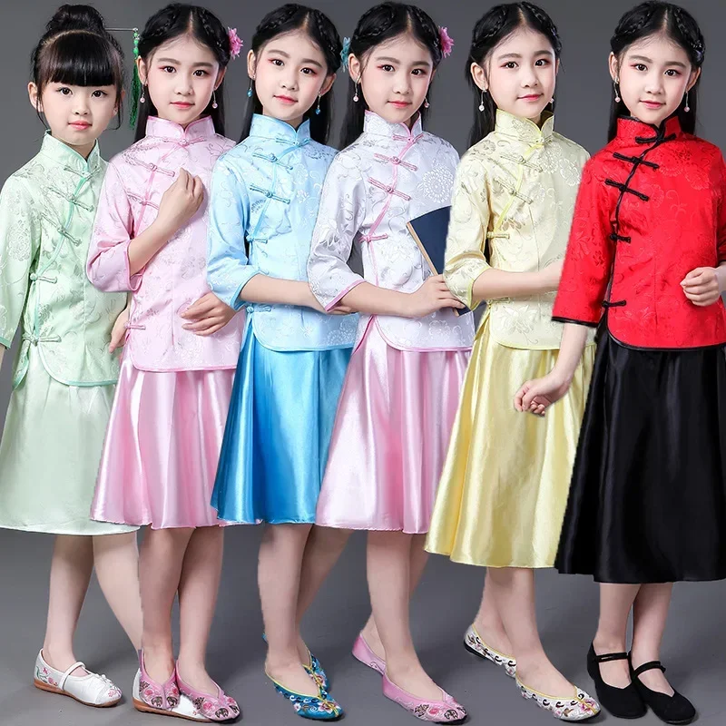 

Ethnic Qipao Children's Sets Performance Baby Outfit Costume Toddler Girls Clothes Summer Girl Suit Cheongsam Top Skirt Set Kids