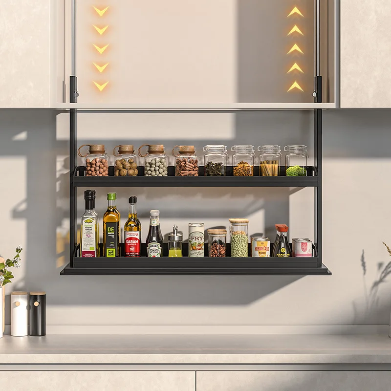Kitchen vertical electric hanging cabinet lift basket intelligent voice touch drop-down seasoning automatic basket