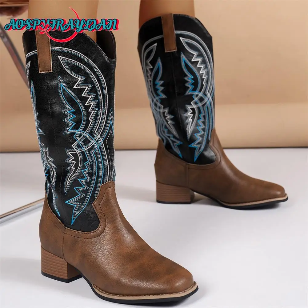 

Brand New Female Chunky Heels Cowboy Boots Fashion Embroider Mixed Colors women's Boots Casual Party Vintage Woman Shoes
