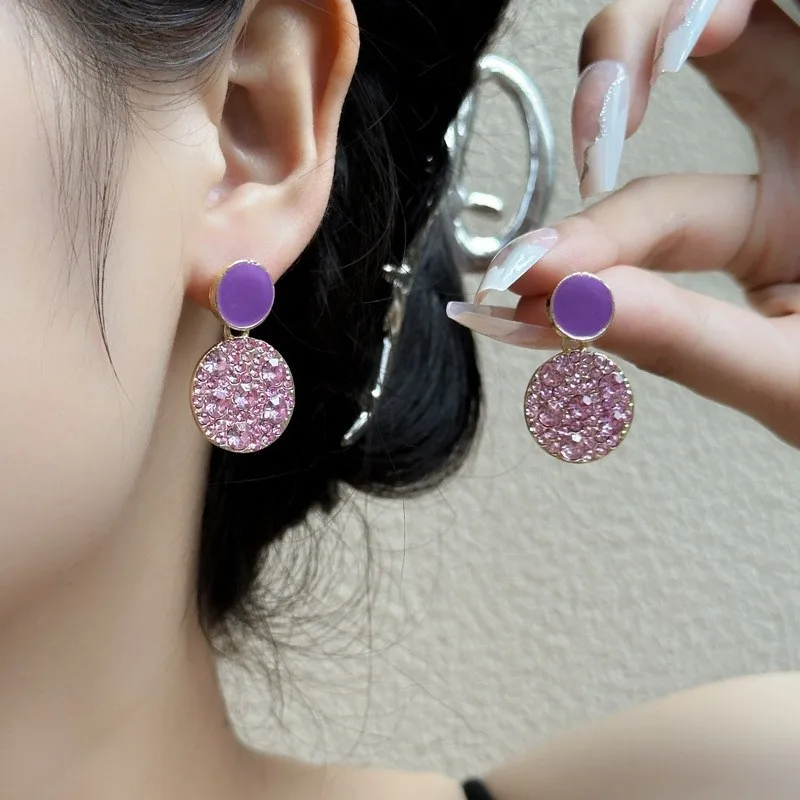Sweet Girls Sell Korean Edition Purple Crystal Light Luxury Geometric Circle Dropping Oil Fashion Advanced Design Earrings Women