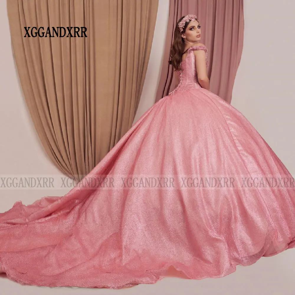 Vestidos De quinceañera rosa carmín con cuello en V profundo, Vestidos De 15 Años, cuentas De perlas, 3D Floral dulce, fiesta De cumpleaños Formal, 15, 16, 2024