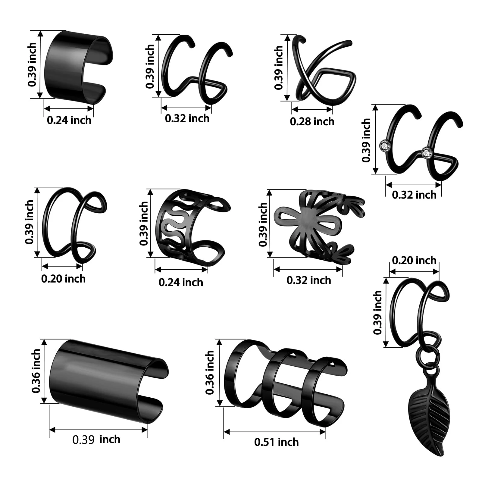 Ajustável em aço inoxidável Ear Cuff, Envoltório Clip On Earrings Set, Falso Não Piercing Cartilagem Helix Hoop Earrings, Preto, 2-20Pcs