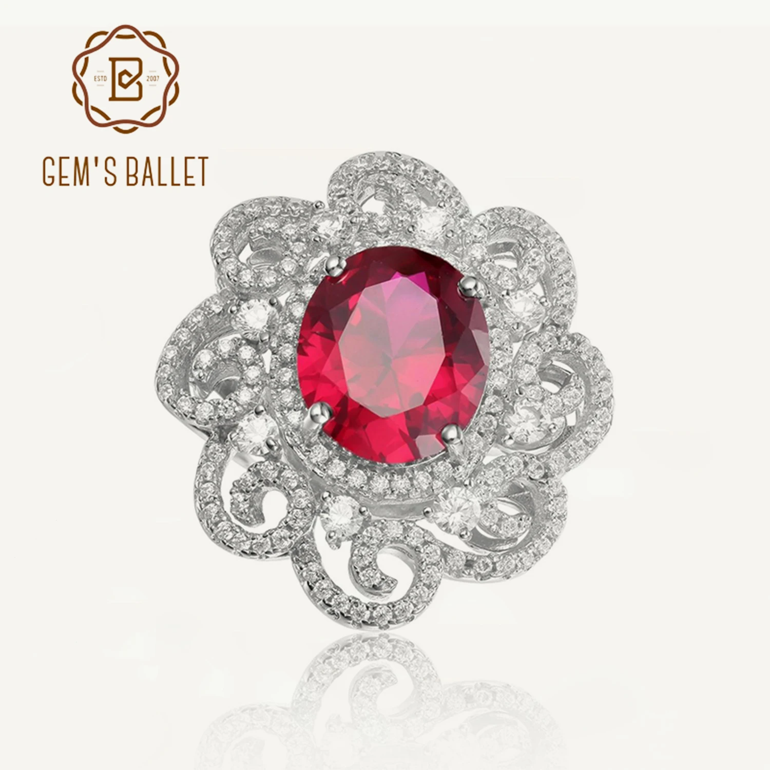 

GEM'S BALLET 925 Sterling Silver Lab Created Ruby Statement Gemstone Ring Vintage Cocktail Rings for Women Fine Jewelry Bijoux