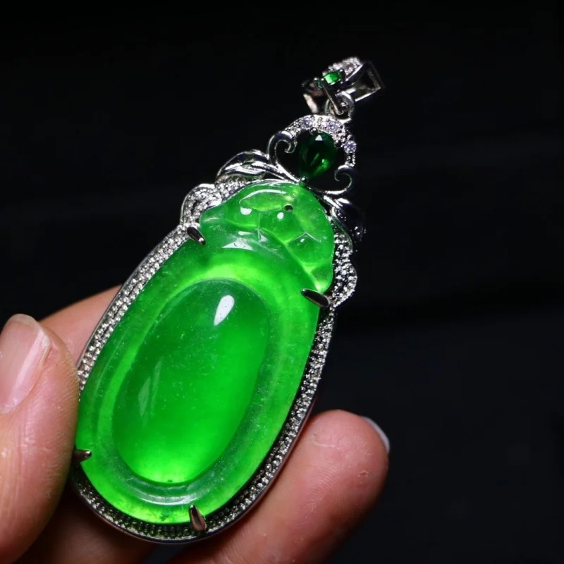 Gao Bing Emperor Green Bashan Silver Inlay Guanyin Pendant Quartz Rock Jade High Imitation Myanmar Feitsui Buddhle Sculpture