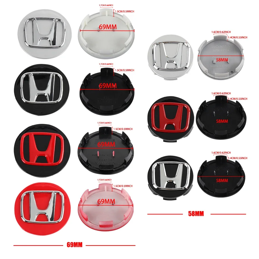 4PCS 58MM/69MM Car Wheel Center Hub Caps Tire Rim Covers Auto Accessories For Honda CITY CIVIC Mugen Pilot Type R Type S Insight