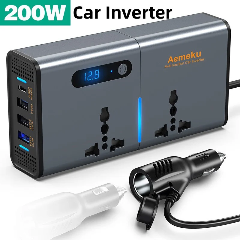 

200W Car Inverter DC 12V to AC 220V 110V Auto Power Inversor USB Type C Fast Charger For Car Power Adapter Transformer