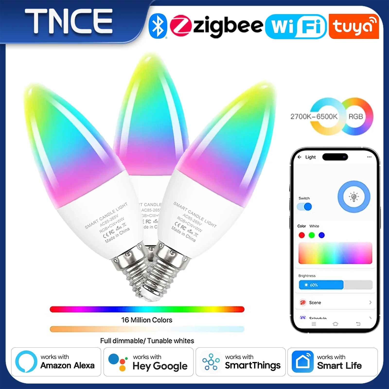 TNCE Tuya Bluetooth/WIFI/Zigbee E14 Candle Lamp RGB Light Dimmable For Room App Voice Control,Works With Alexa Google Home