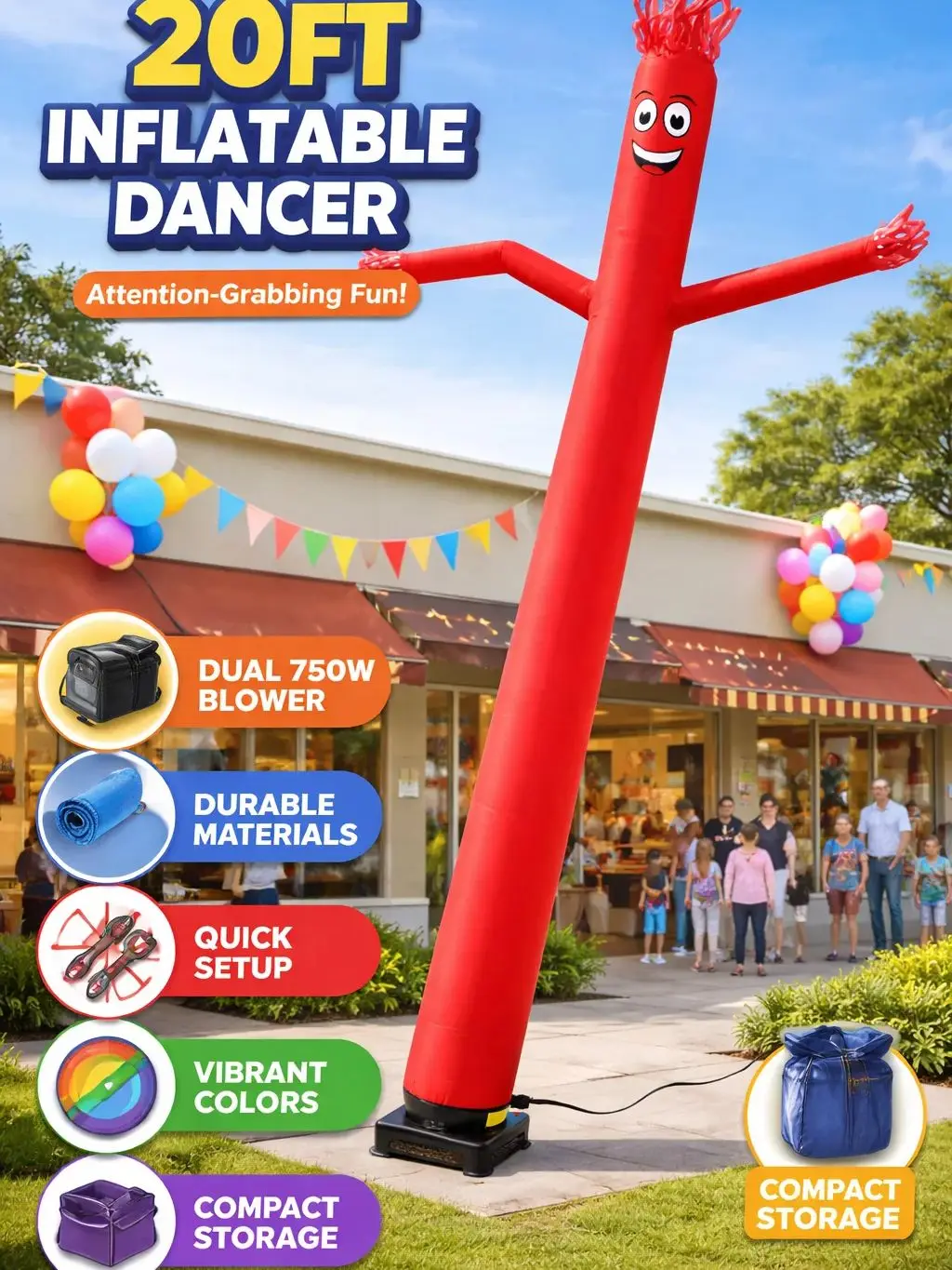 20FT Aufblasbarer Tube Man mit 750W Gebläse, aufblasbarer Outdoor-Tänzer für Werbung, Festivals, Dekoration für Ladenöffnungen
