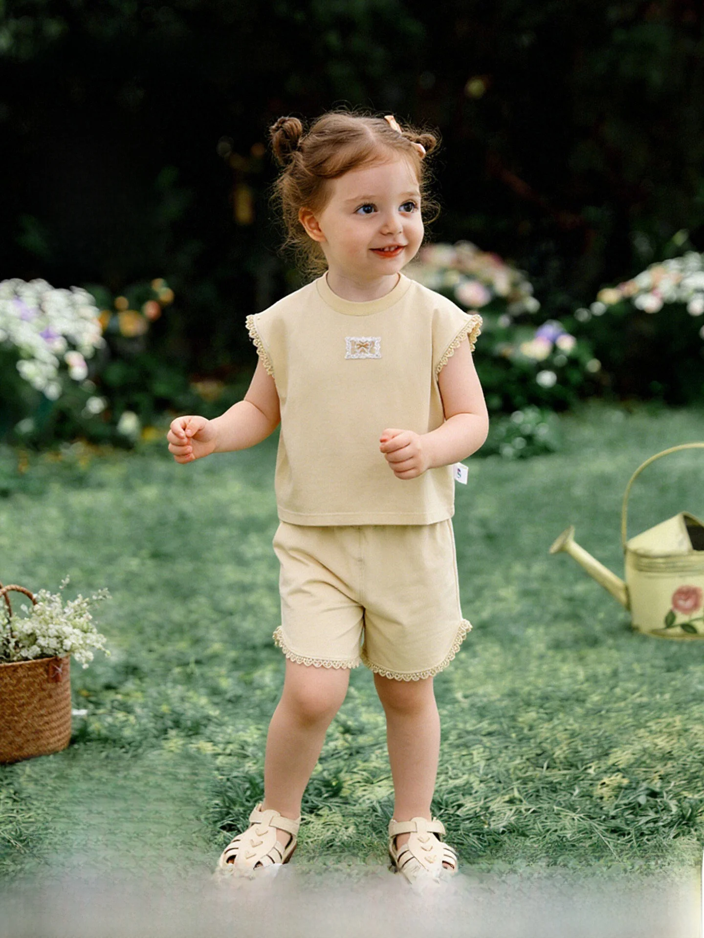 summer-lace-trimmed-sleeveless-shorts-set-for-girls-lk-children's-clothing-two-piece-suit-breathable-antibacterial-cotton-blend