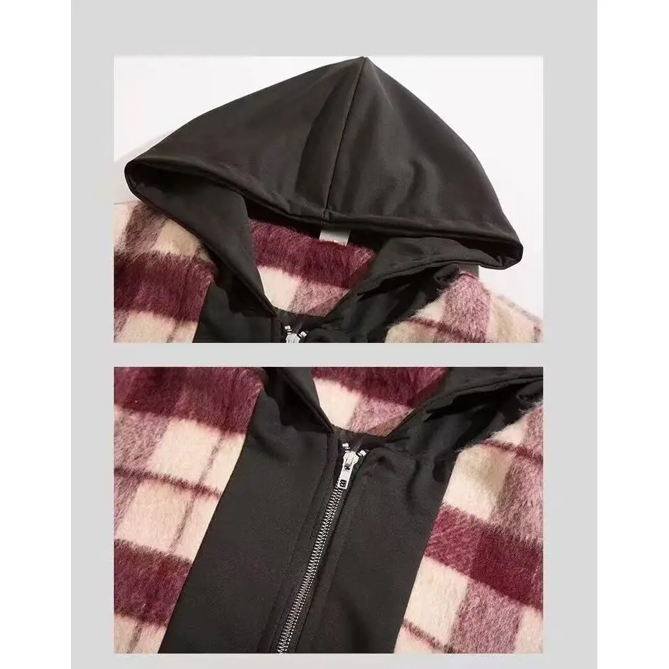 

Thiened Retro Plaid Hooded Cotton Jaet Winter Warm Casual Coat Large Size Youth Faion Stand Fit Polyester Fabric