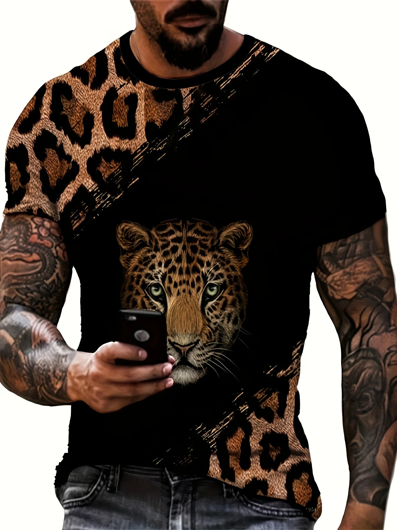 Leopard Print Fashion Color Block Men\'s Short Sleeve Crew Neck T-shirt, Summer Outdoor