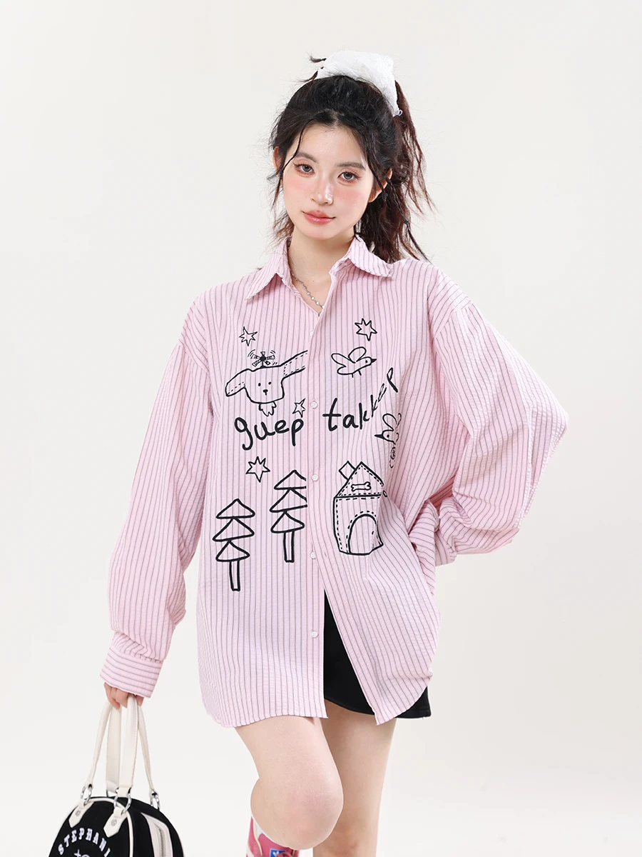 

Fun fiti Cartoon Striped Long Sve irt Women's Oversize Loose Faionable Spring Autumn New Sle Button up Casual irt