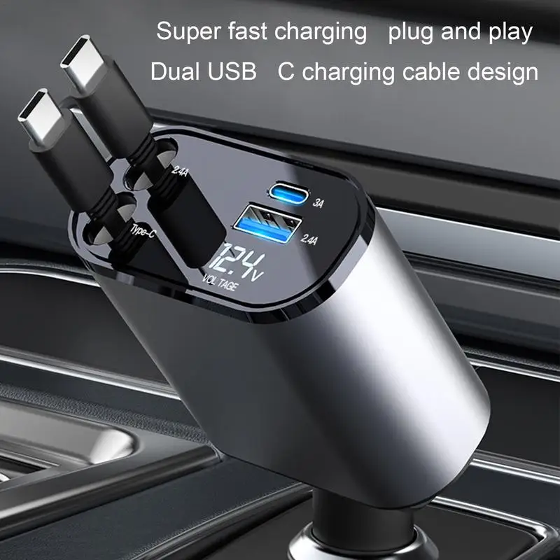 Car Charger 100w 4 IN 1 Fast Charging Car Phone Charger With Retractable Cable USB Type C Port Car Cigarette Lighter Adapter