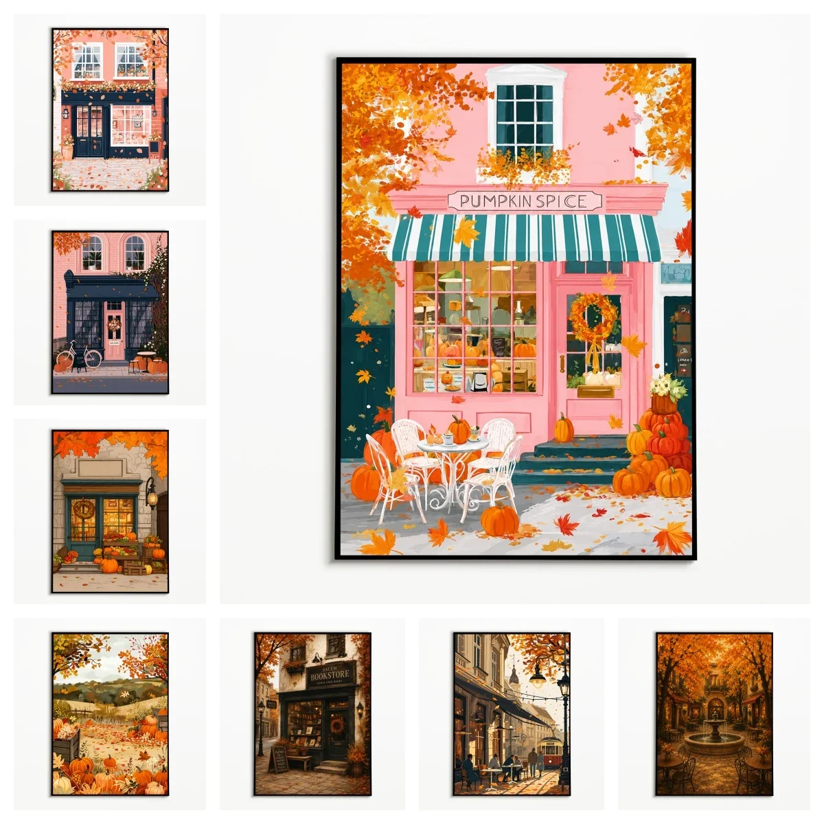 Frameless canvas paintings,1PC Autumn Street Pumpkin Shop Poster, Thanksgiving Halloween Street Scene Wall Art  Frameless Canvas