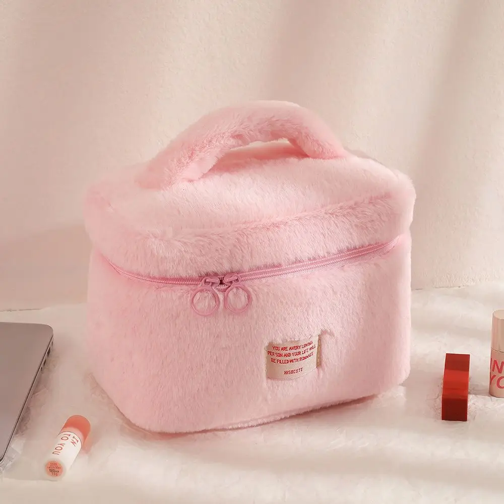 Portable Solid Color Plush Cosmetic Bag Zipper Lager Capacity Toiletries Bag Handbag Korean Style Makeup Bags Student