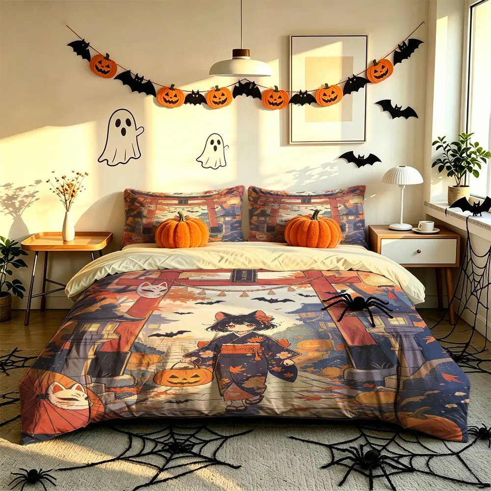 Halloween Duvet Cover Set 3Pcs Japanese Torii Cat Neko Lantern Print Soft Microfiber Bedding with Pillowcases view 6