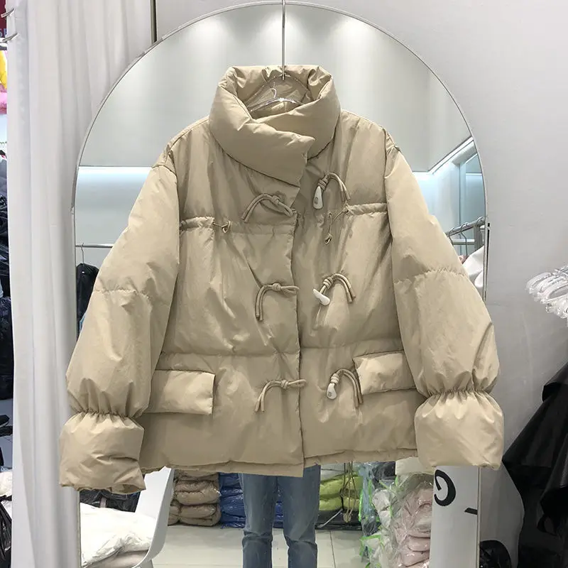 

Loose Korean Style Women's Short down Cotton Jacket Bread Coat Button Front Thickened Autumn Winter Outerwear Pure Color