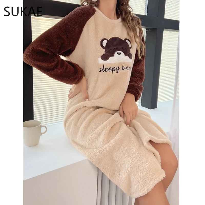 SUKAE Cute Bear Winter Women Long Sleeves Thermal Nightgowns Flannel Long Sleepshirt Pullover Fluffy Nightwear Woman Homewear