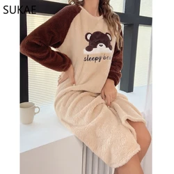 SUKAE Cute Bear Winter Women Long Sleeves Thermal Nightgowns Flannel Long Sleepshirt Pullover Fluffy Nightwear Woman Homewear