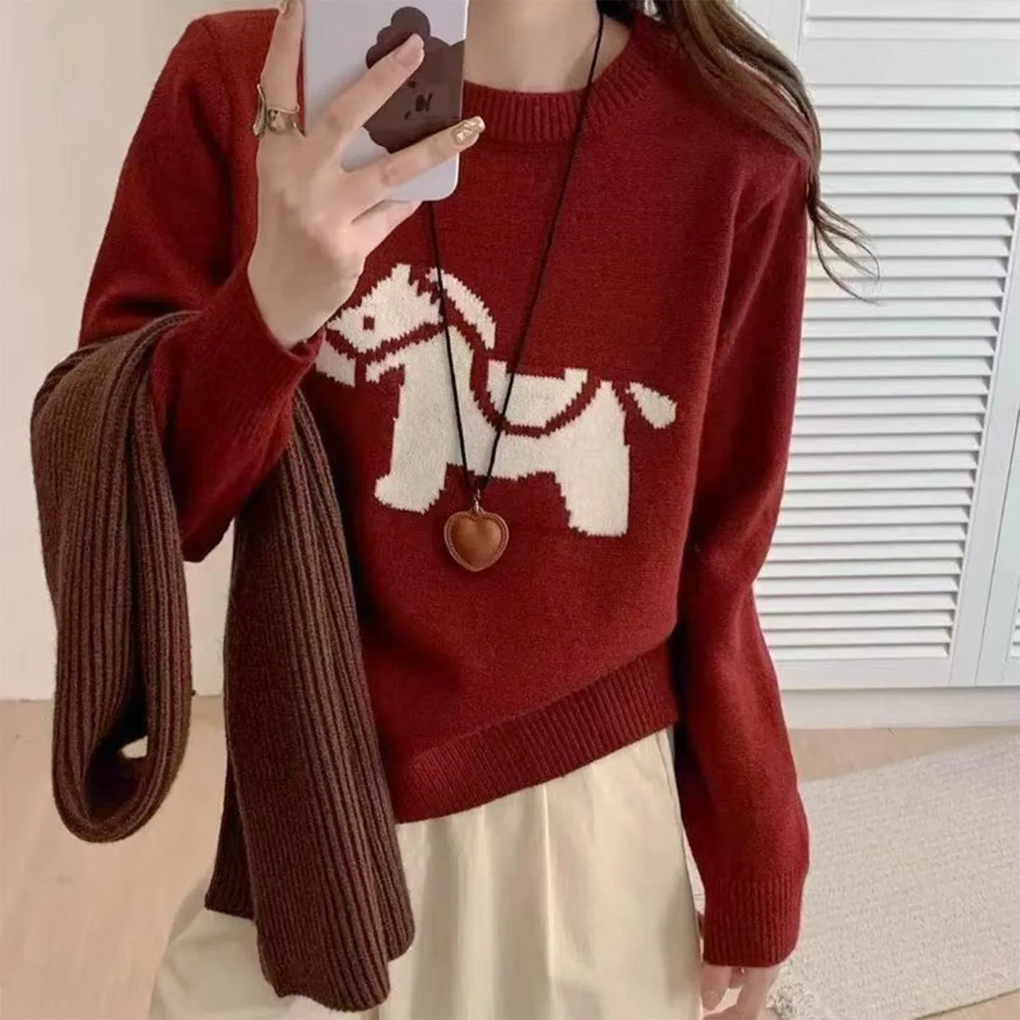 2026 New Women pony Cashmere Sweater Fashion O-Neck Pullover Tops Autumn Winter Women Cashmere Sweater Knitted