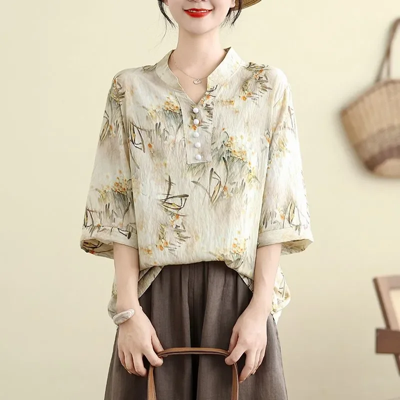 

Cotton and Linen Women's Summer Thin V-neck Mid-sleeve T-shirt Chinese Style Printed Women's Loose Top