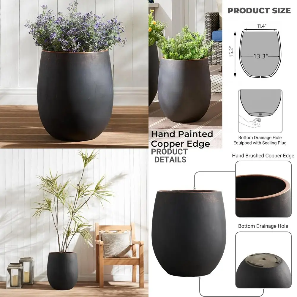 

Outdoor Concrete Planter, Large 13.3 Diameter x 15.3 Tall, Black with Gold Rim, Drainage Hole, Silicone Plug Included, Flower Po