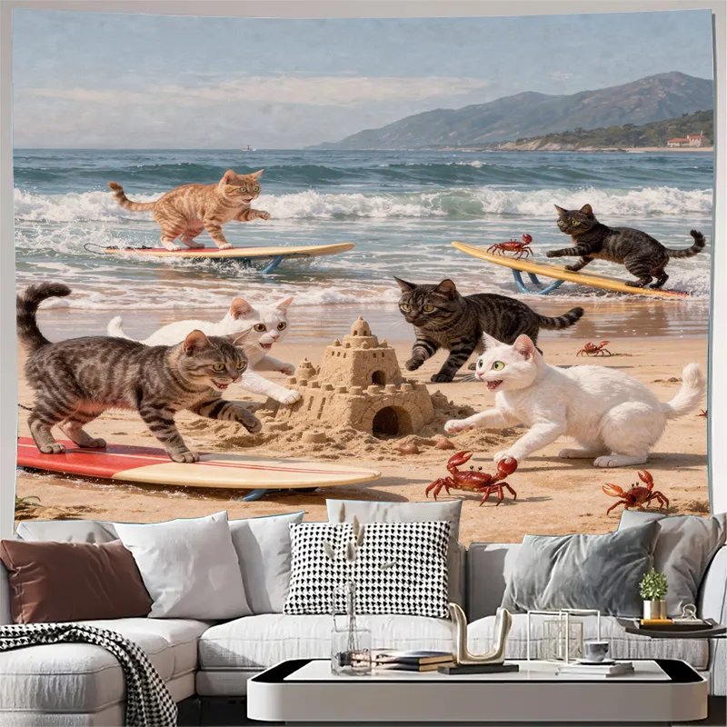 Whimsical Cat Beach Tapestry Wall Hanging Summer Ocean Surf Tropical Animals Art Room Decor Coastal Aesthetic Gift