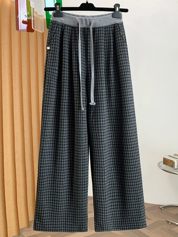 High Waist Plaid Woolen Wide Leg Pants Women's Autumn Winter Color Block Elastic Drawstring Straight Leg Casual Trousers