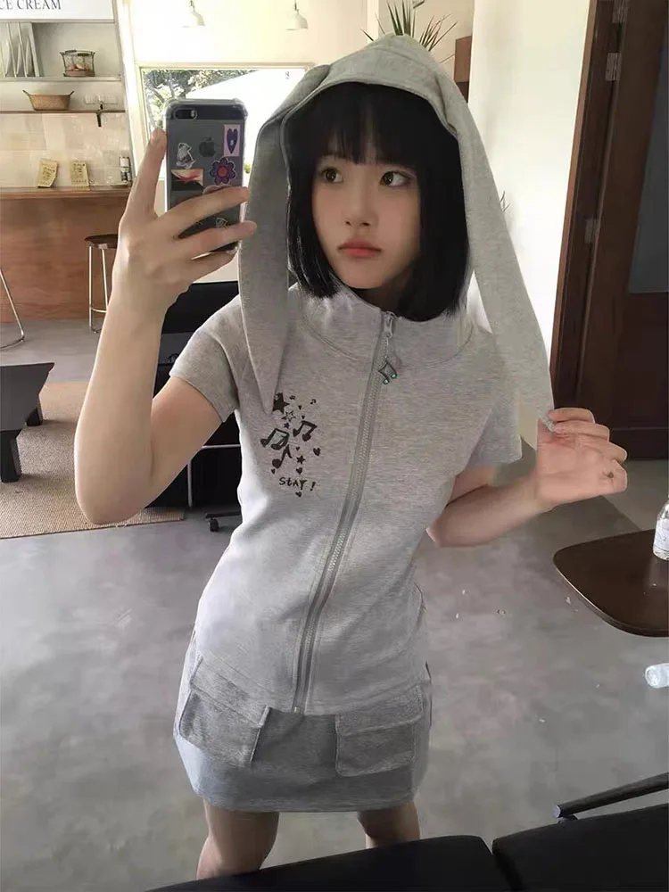 

Women's Kawaii Rabbit Ear Zipper Hooded T-shirt Korean Fashion Harajuku Short Sleeve Jackets Top Y2k Aesthetic Vintage Slim Tees