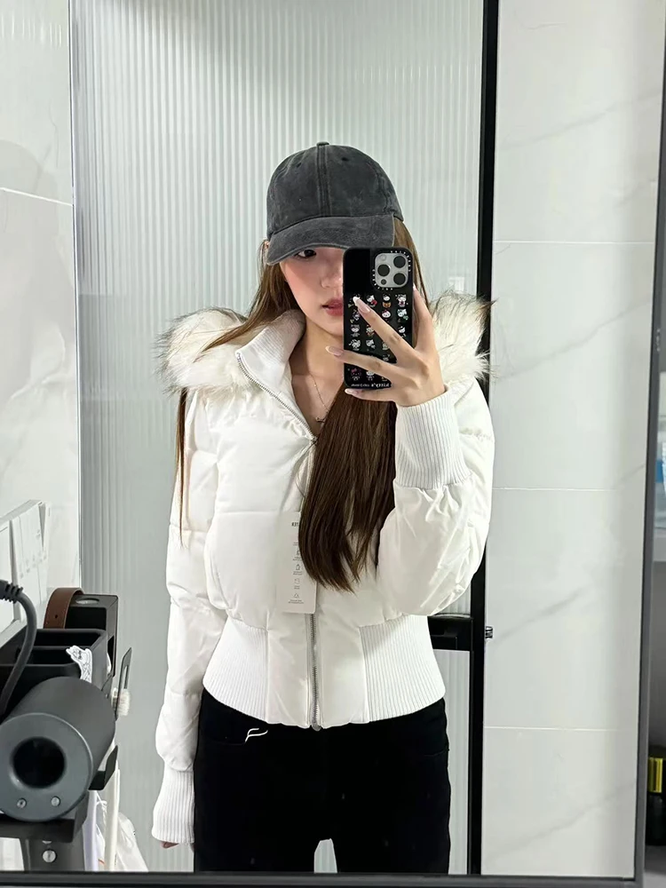 Y2K Faux Fur Collar Hooded Parka Women Winter Thick Slim Crop Down Jacket Fashion Female Streetwear Long Sleeve Zipper Coats New
