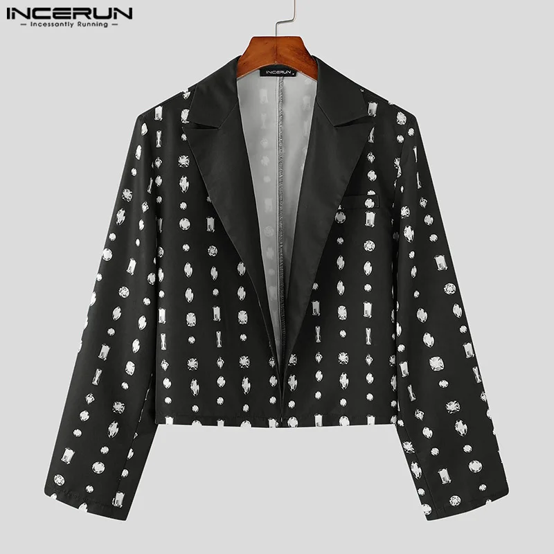 INCERUN Men Lapel Neck Suit Long Sleeve Open Front Diamond Printed Stylish Loose Blazer Commuting Party Cropped Jacket Coat 2024