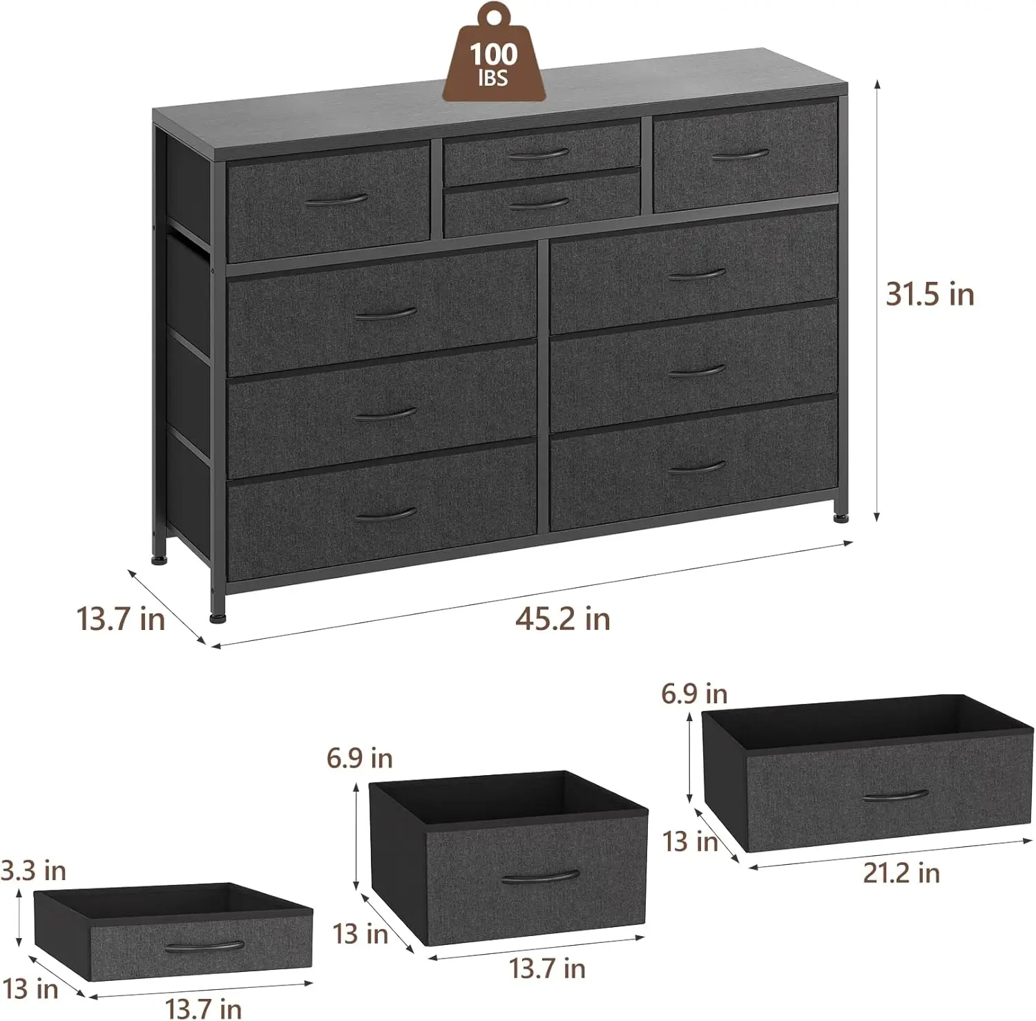 Comò per camera da letto porta TV per TV 55 ", centro di intrattenimento con 10 cassetti, unità portaoggetti per soggiorno, armadio