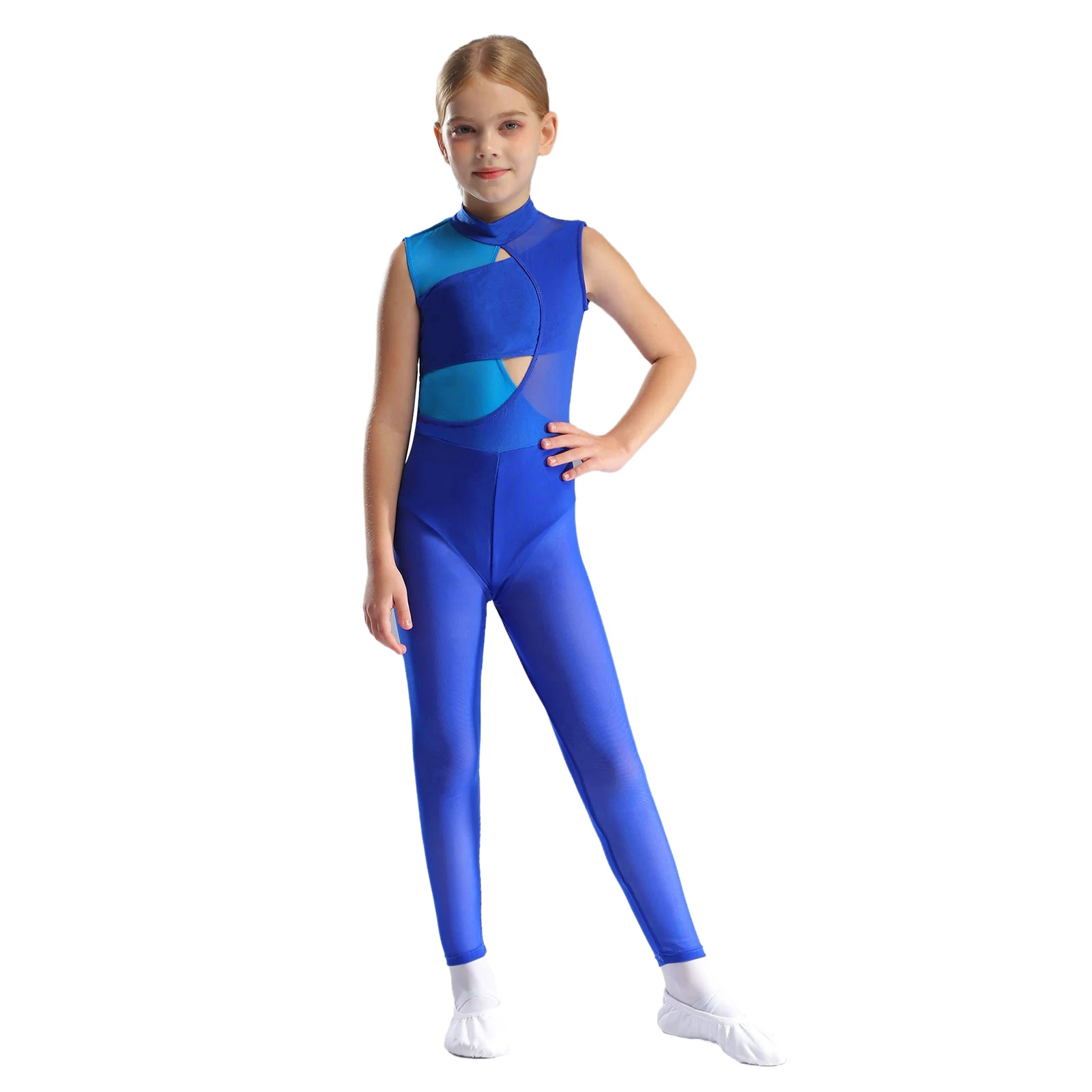 

Kids Girls Color Block Patchwork Mesh Jumpsuit Mock Neck Sleeveless Cutout Bodysuit Gymnastics Acrobatics Yoga Workout Rompers