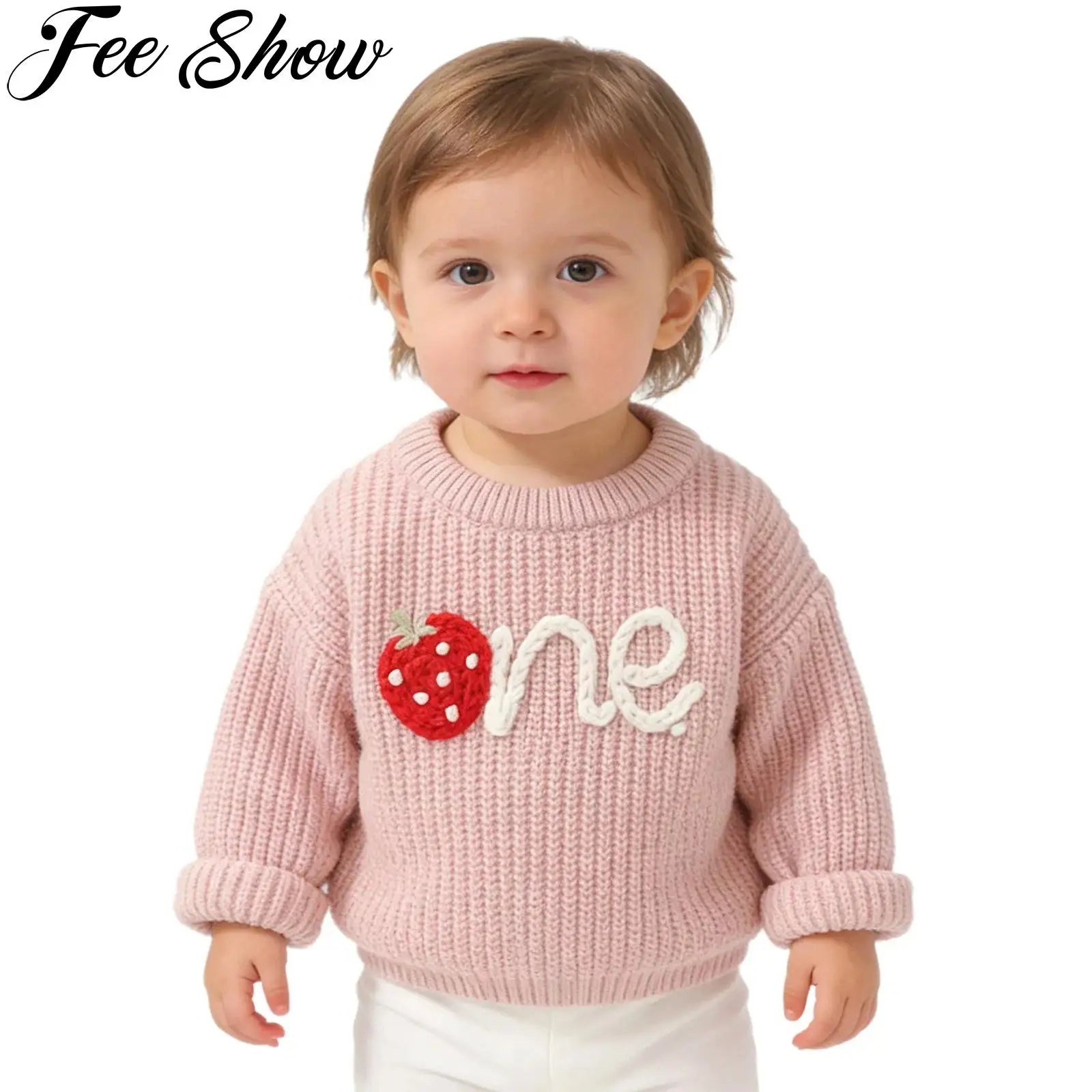 

Baby Boys Girls 1st Birthday Sweatshirt Sweater Long Sleeve Strawberry Embroidery Knitted Tops Fall Winter Clothes Kid's Gift