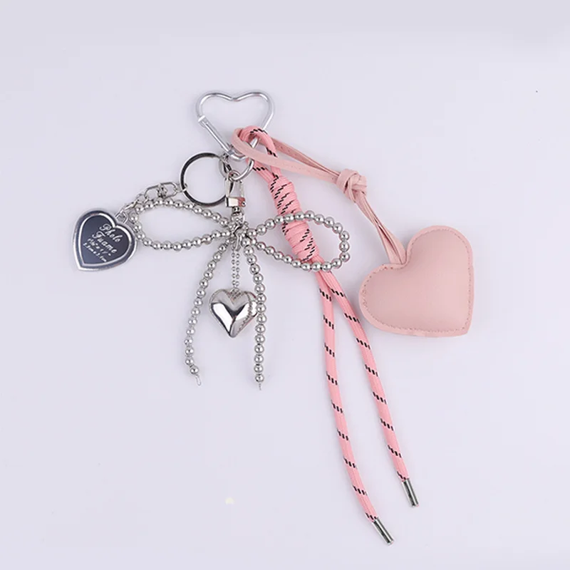 

Trendy Leather Heart Bow Keychain Delicate Beaded Keyring Car Key Holder Bag Pendant Decoration For Girls Gift