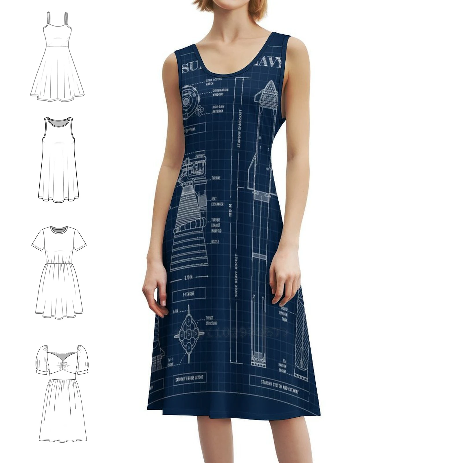 

Saturn V And Super Heavy / Starship ( Navy Blueprint ) Preppy Style Mini Dress For Women A-Line Loose Fit Casual Day Dress