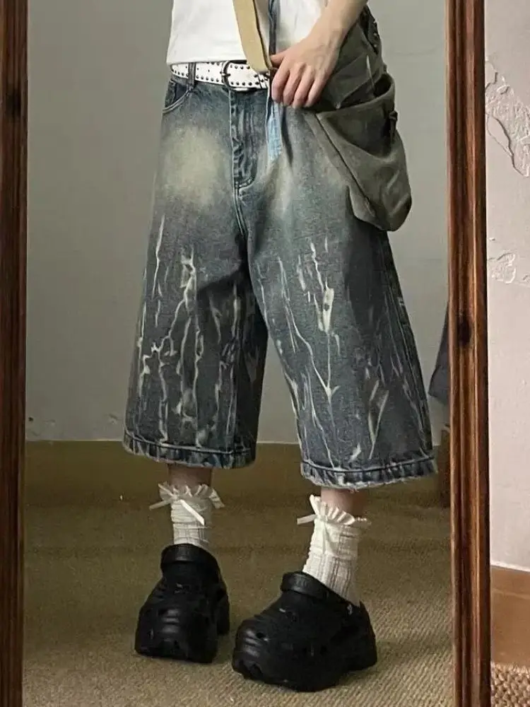 

Уличная одежда в готическом стиле, рок-панк, большие размеры Y2K, повседневные широкие укороченные брюки в стиле Харадзюку, винтажные свободные синие джинсовые шорты для женщин
