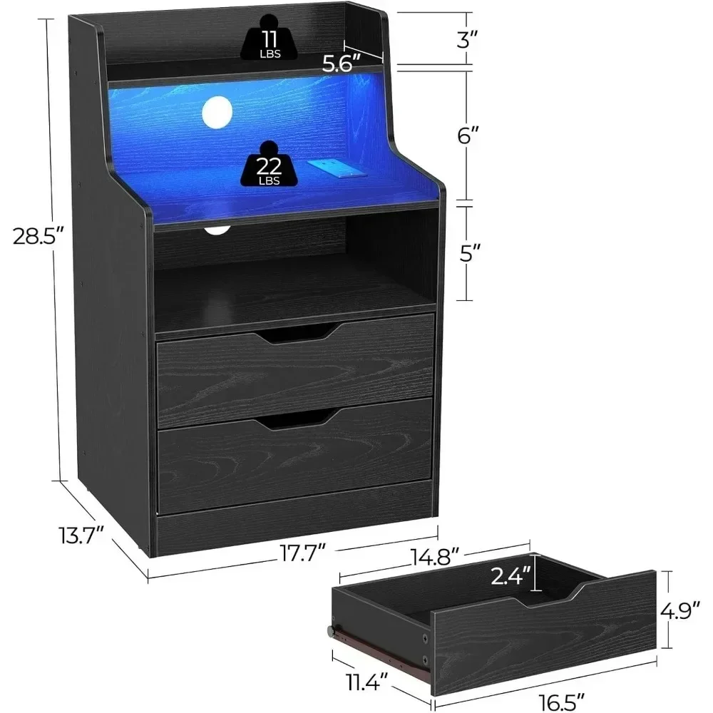 

Charging Station and LED Lights, 2 AC and USB Power Outlets, Night Stand with 2 Drawers and Storage Shelves