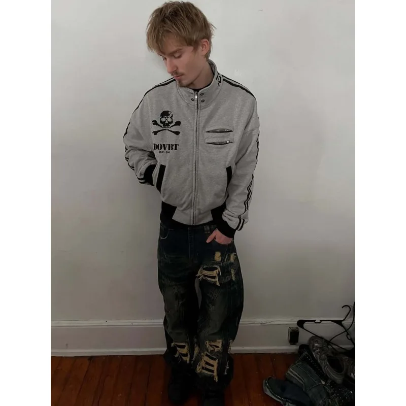 Y2k American retro skull print double zipper pocket, niche personality design, hip-hop casual hooded sweatshirt