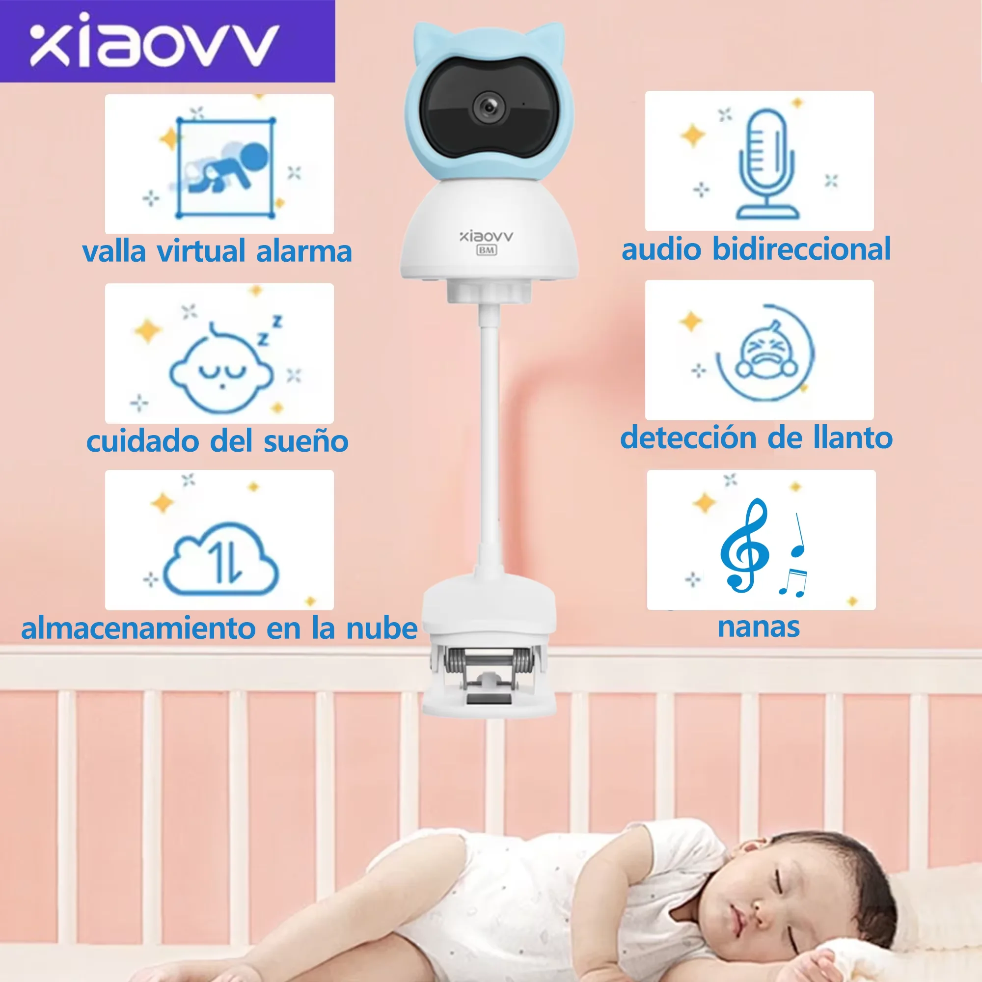 4MP WiFi xiaovv Monitor de bebé interior Audio bidireccional detección de movimiento visión nocturna cámara de bebé para seguridad del hogar 360 °
